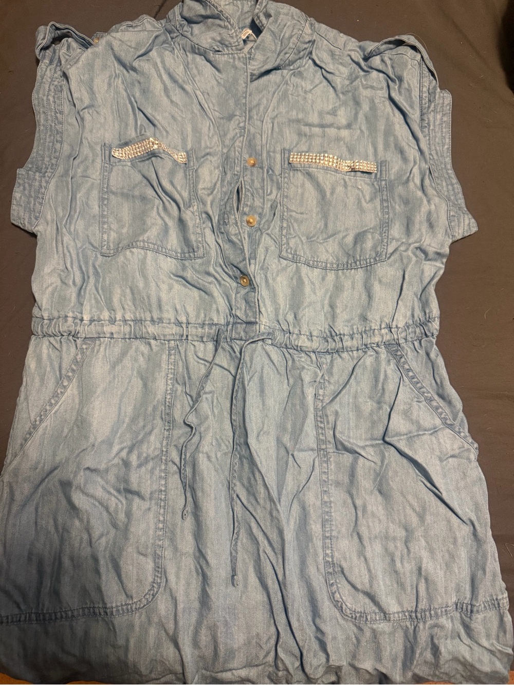 Time and Tru Light Blue Denim Hooded Casual Dress with Rhinestone Trim
